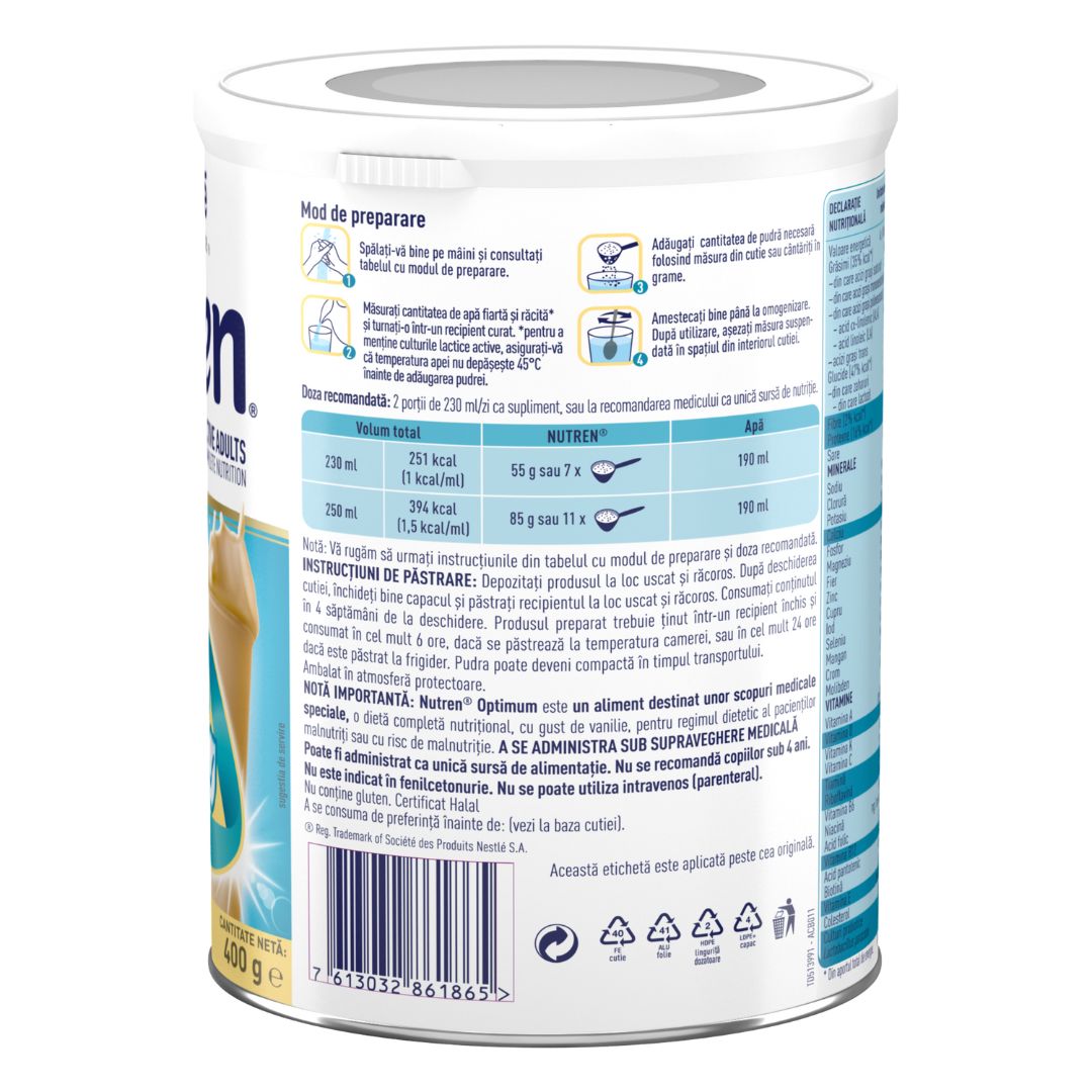 Formula de lapte praf cu aroma de vanilie Nutren Optimum, +4 ani, 400 g, Nestle 535327