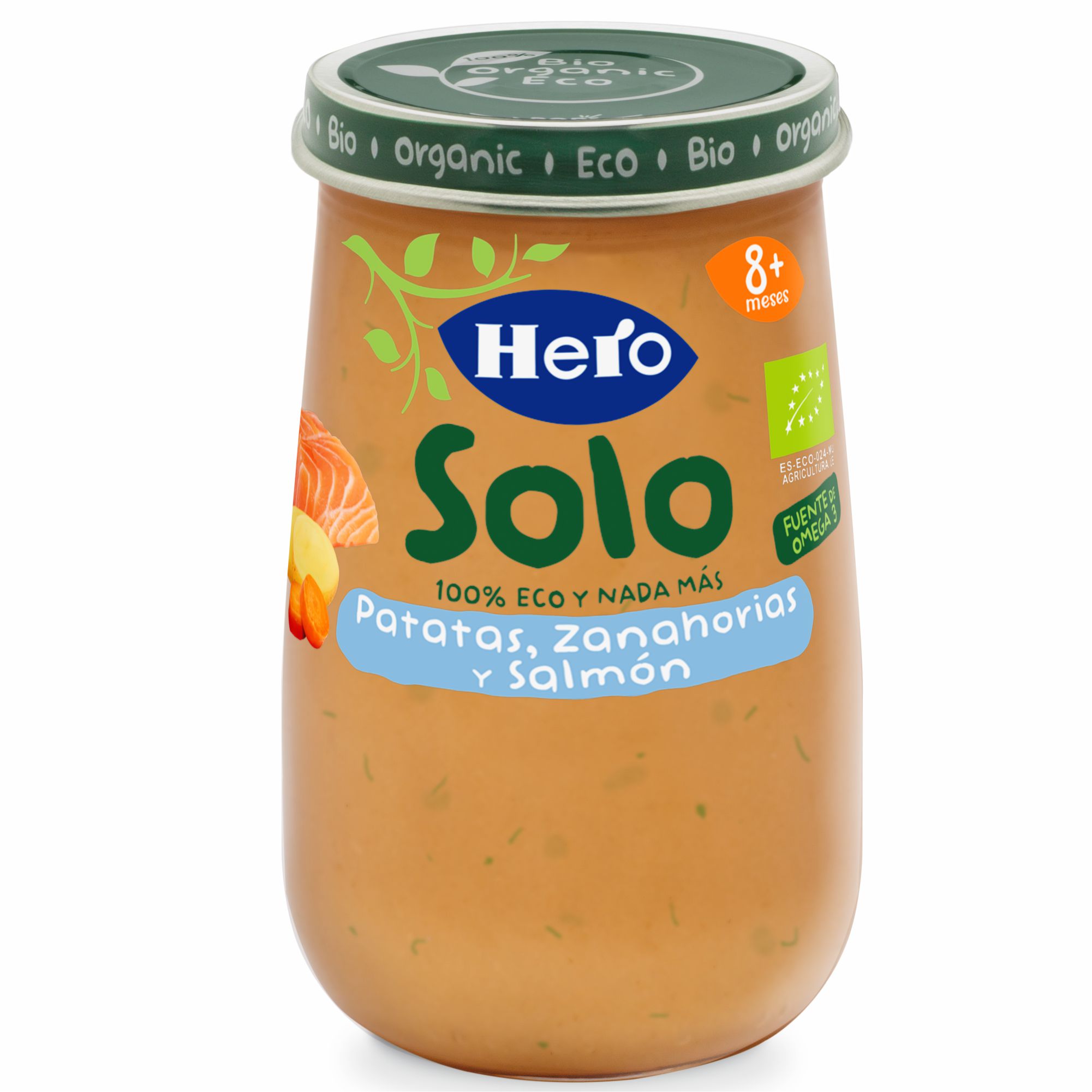 Meniu ecologic cu cartofi, morcovi si somon Solo, +8 luni, 190 g, Hero Baby