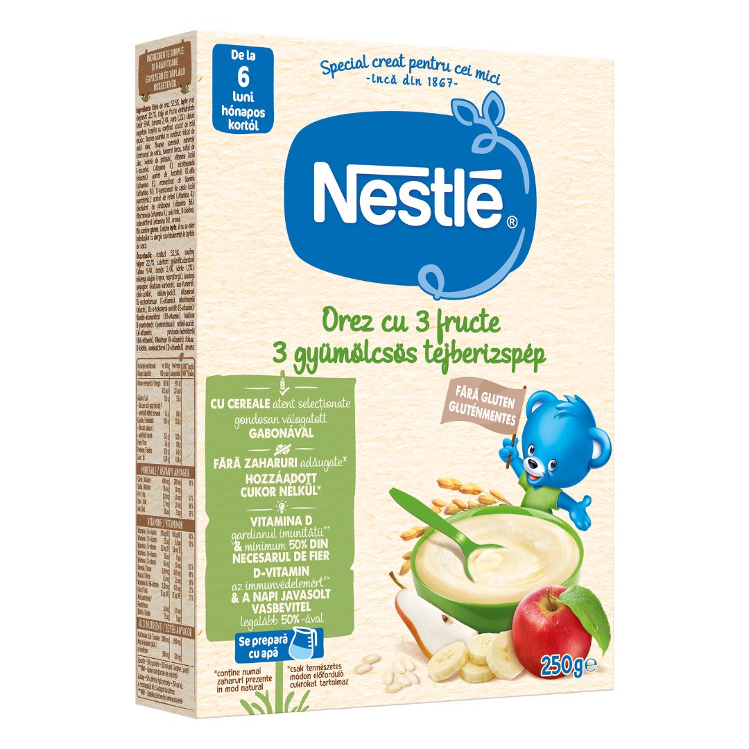 Cereale din orez cu 3 fructe Infant Cereals, +6 luni, 250 g, Nestle 534405