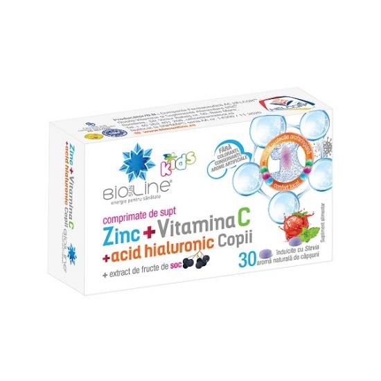 Zinc cu Vitamina C si Acid Hialuronic pentru copii, 30 comprimate de supt, BioSunLine