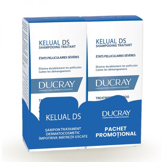Pachet Sampon tratament dermatocosmetic anti-matreata Kelual DS, 2 x 100 ml, Ducray