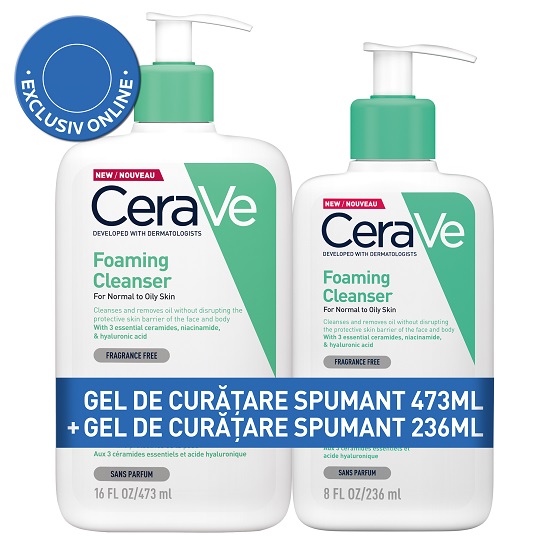 Pachet Gel de curatare spumant pentru piele normala sau grasa, 236 ml+473 ml, CeraVe
