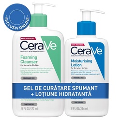 Pachet gel de curatare spumant pentru piele normala sau grasa si Lotiune hidratanta, 473 ml+236 ml, CeraVe