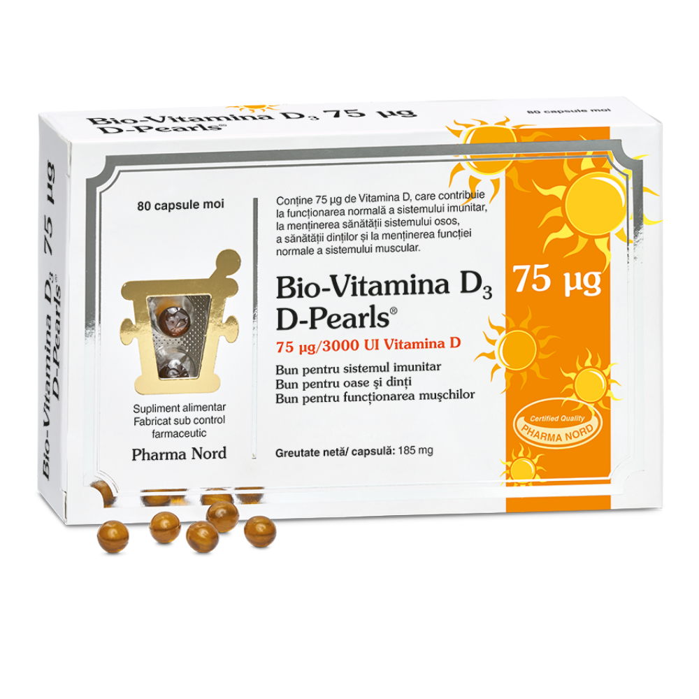 D-Pearls Bio-Vitamina D3, 3000 UI, 80 capsule, Pharma Nord