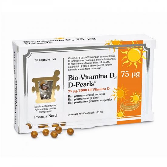 Bio Vitamina D3 3000UI D-Pearls 75 mcg, 80 capsule moi, Pharma Nord