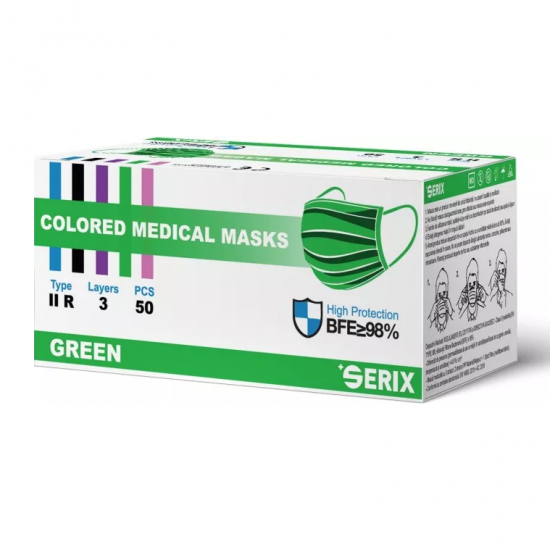 Masti medicale de unica folosinta, Tip IIR, 3 pliuri, 50 bucati, Verde, Serix