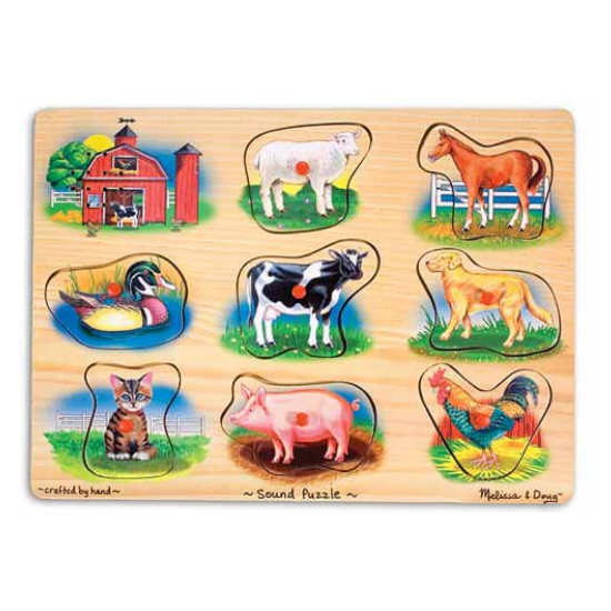 Puzzle din lemn cu sunete animale de la ferma, +2 ani, Melissa and Doug