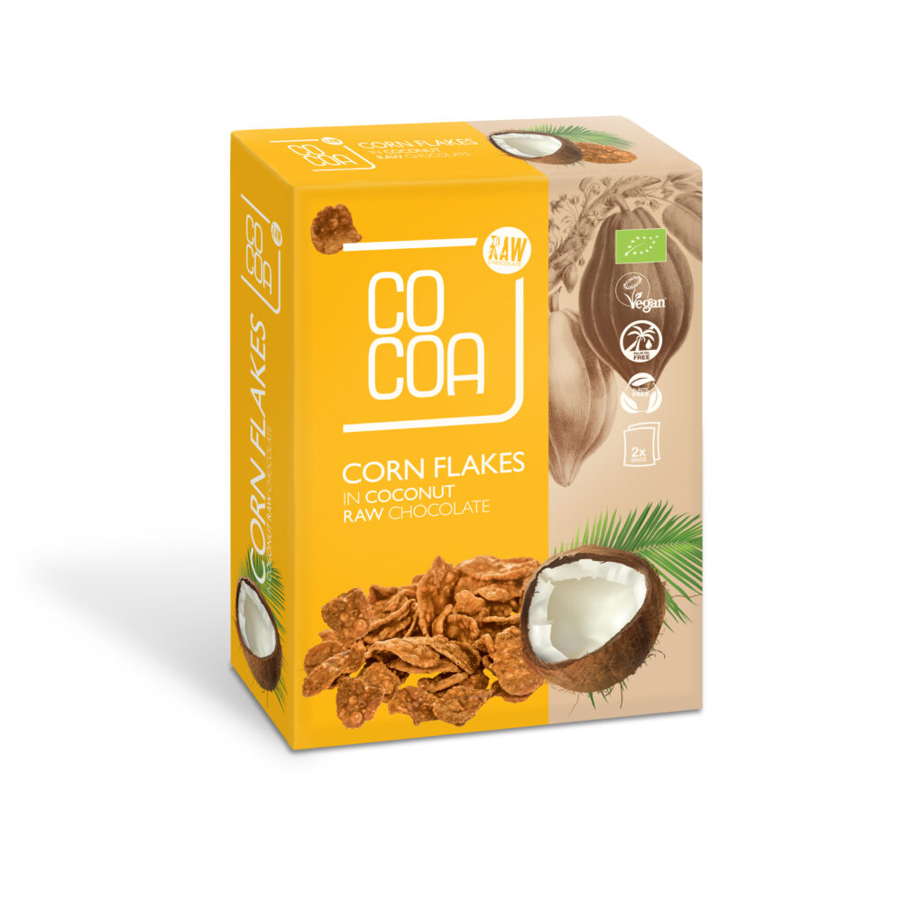 Fulgi de porumb Bio in ciocolata raw cu cocos, 2x100 g, Cocoa