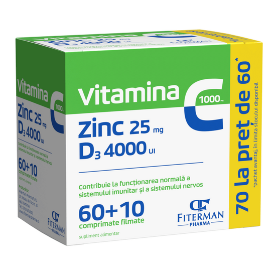 Vitamina C 1000 mg + Zn 25 mg + D3 4000UI, 60 + 10 comprimate filmate, Fiterman