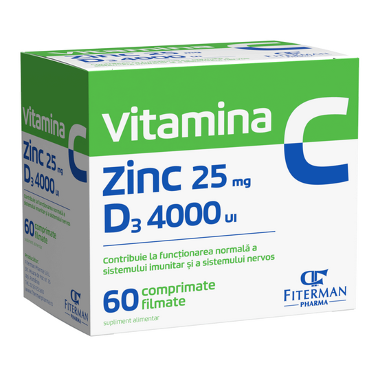 Vitamina C 1000 mg + Zn 25 mg + D3 4000UI, 60 comprimate filmate,, Fiterman