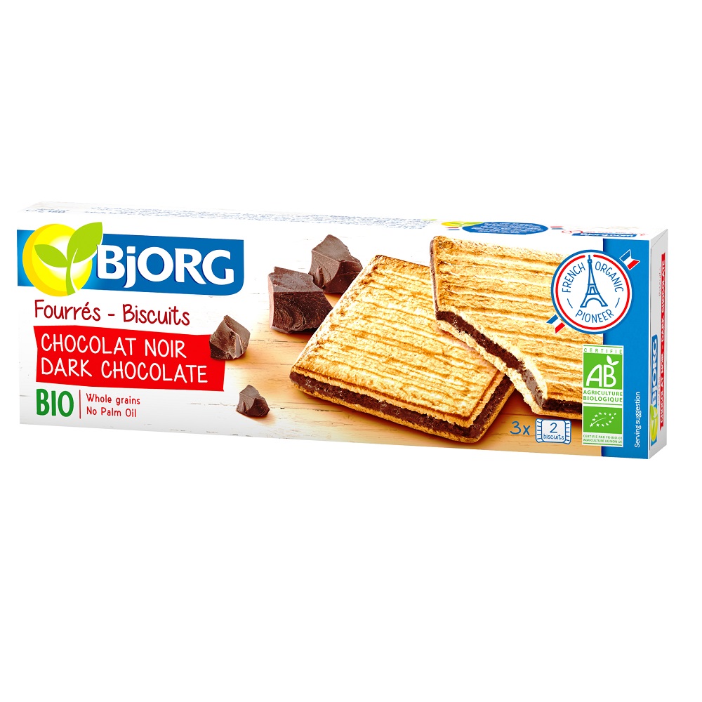 Biscuiti Bio umpluti cu ciocolata neagra, 150 gr, Bjorg