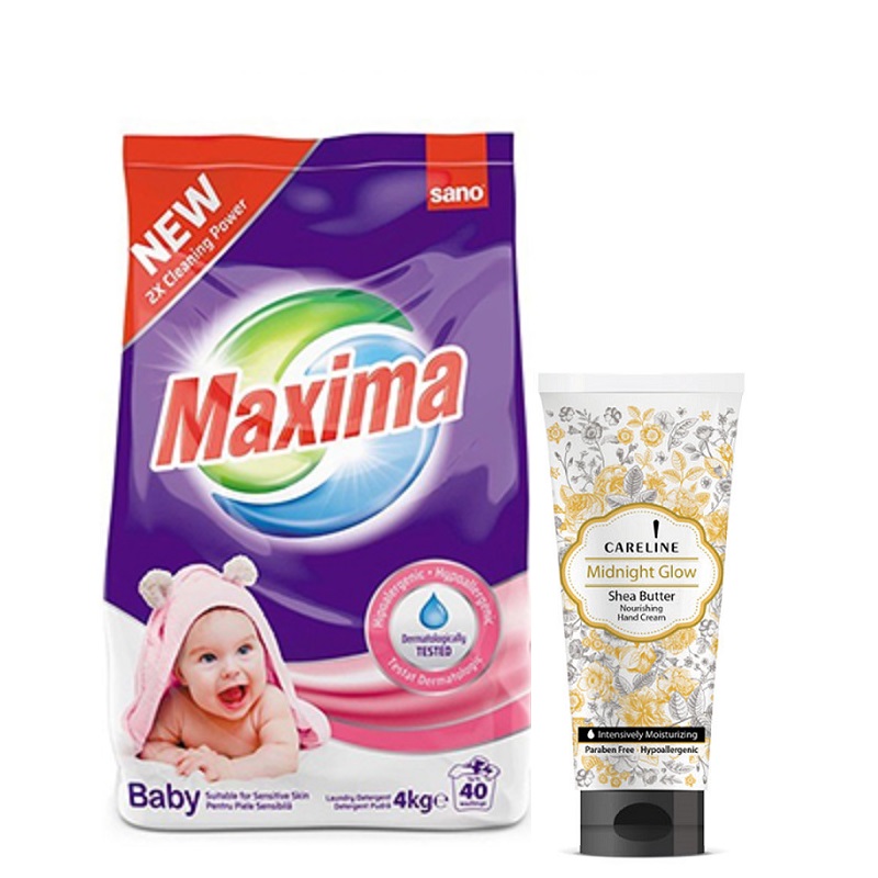 Oferta pachet, Detergent Baby pudra, 4 kg si Crema de maini, Careline Midnight Glow, 100 ml, Sano Maxima
