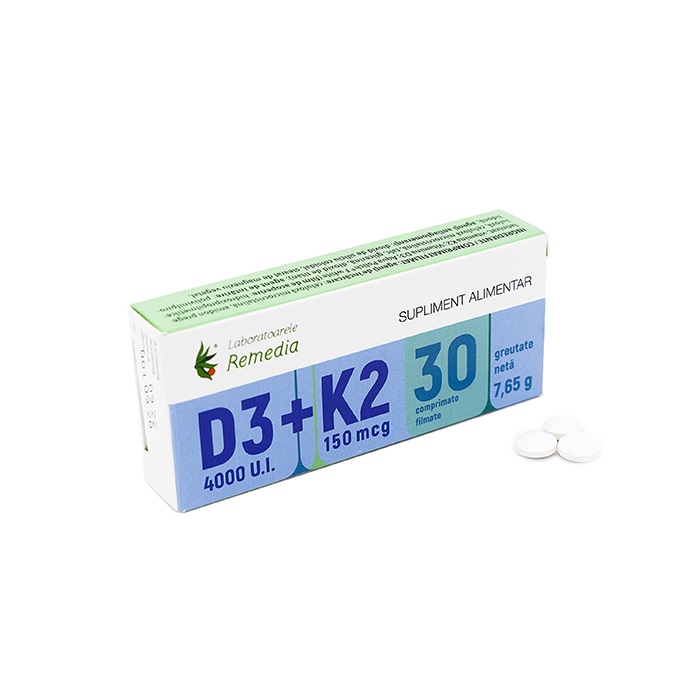 Vitamina D3 4000 UI si vitamina K2, 150 mcg, 30 comprimate, Remedia