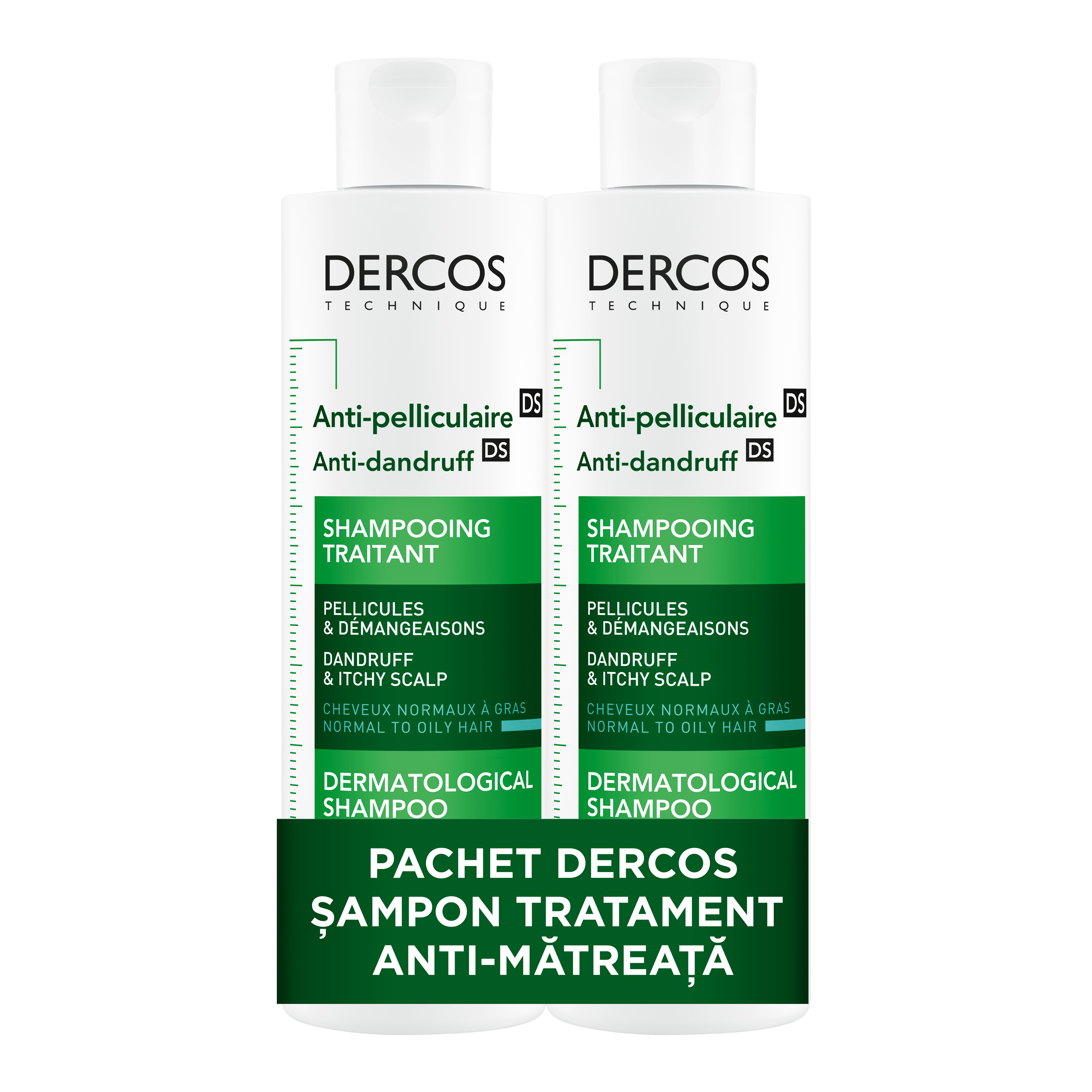 Oferta Pachet, Sampon tratament anti-matreata pentru scalp sensibil, Dercos, 2x200 ml, Vichy