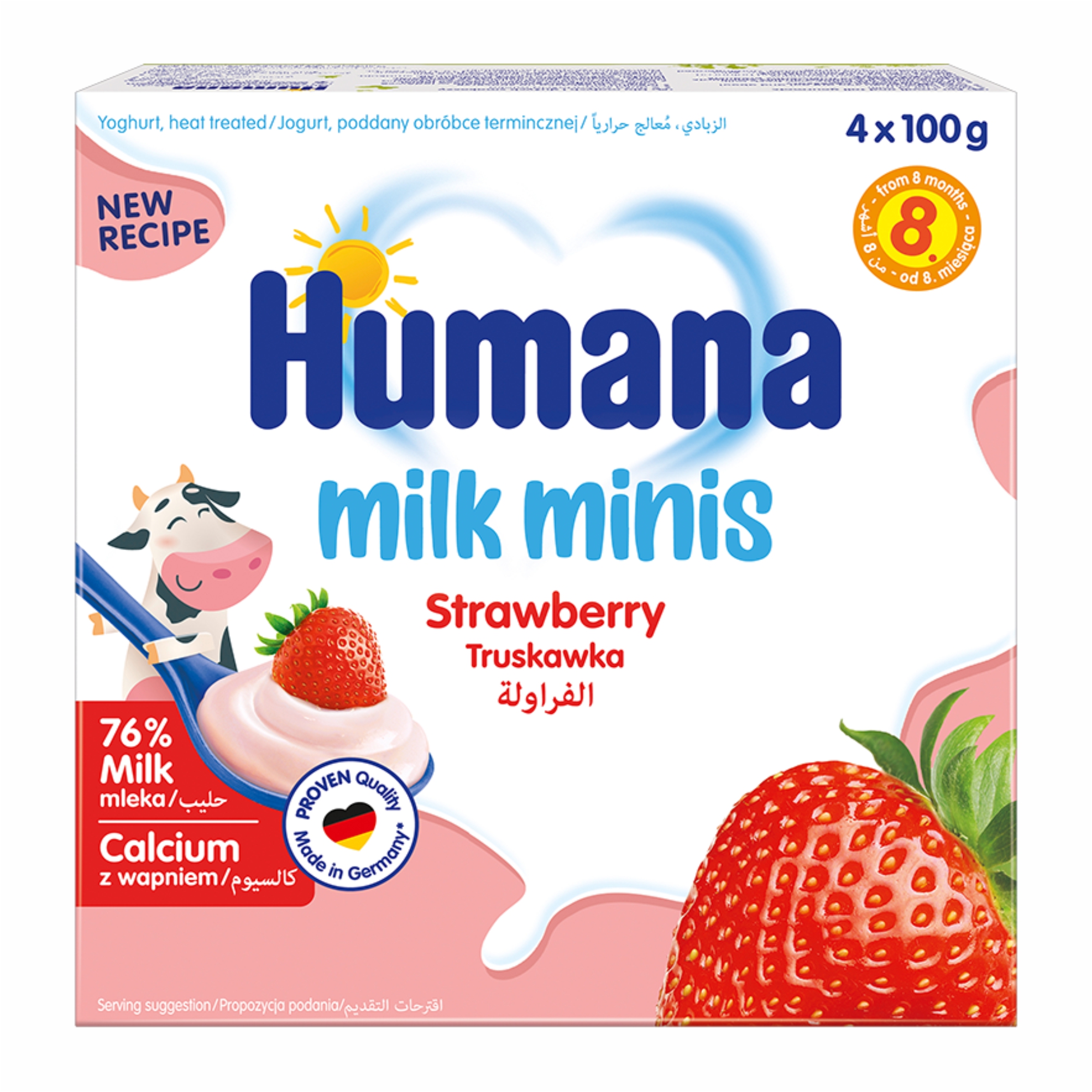Iaurt cu capsuni Milk Minis, 8 luni+, 4 x 100 g, Humana