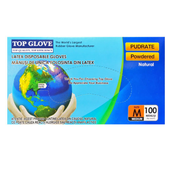 Manusi medicale din latex pentru evaluare, 100 bucati, Top Glove