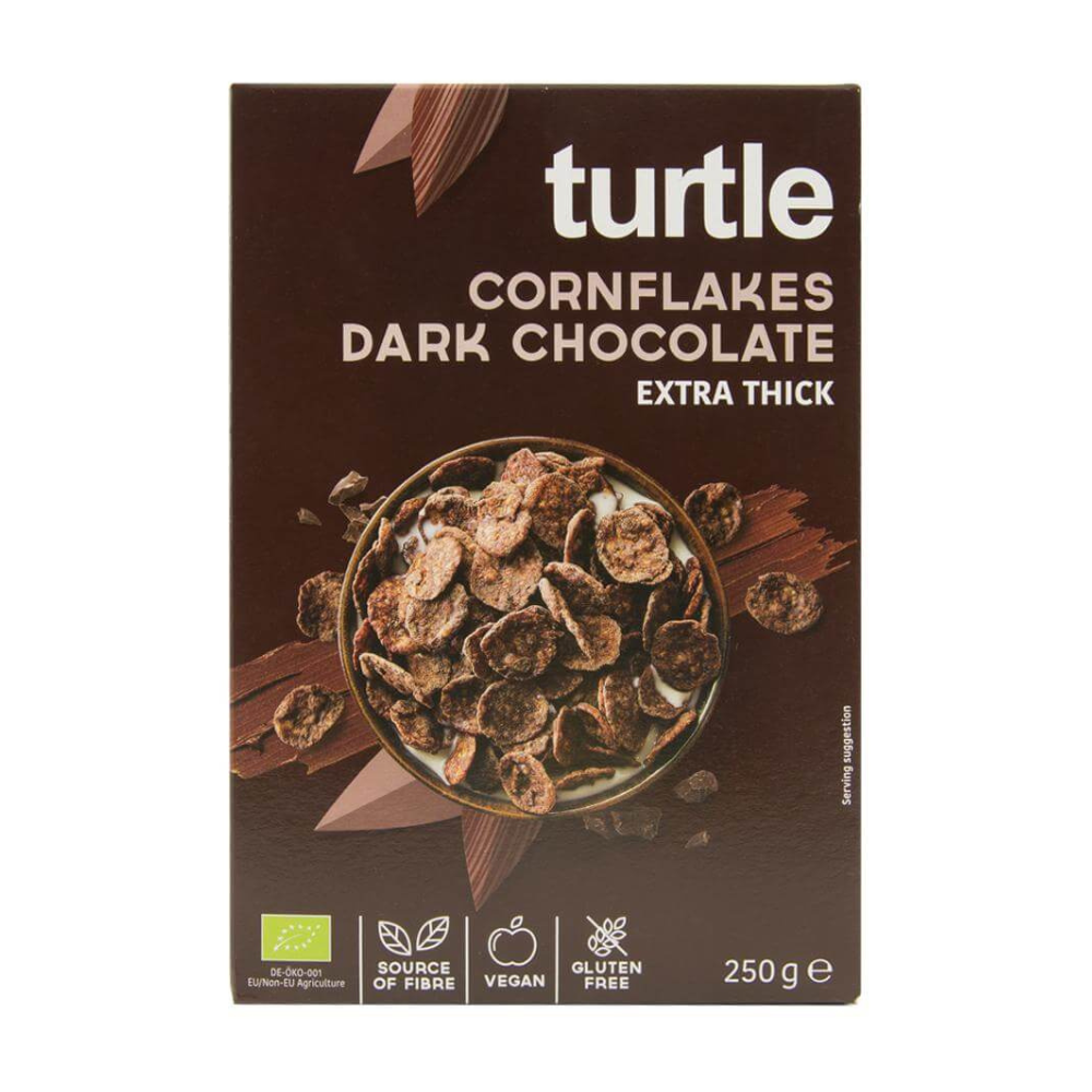 Fulgi Bio de porumb inveliti in ciocolata neagra fara gluten, 250 g, Turtle