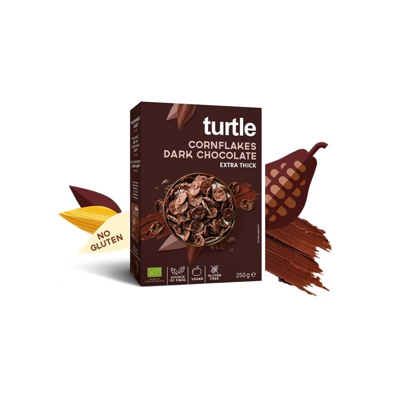 Fulgi Bio de porumb inveliti in ciocolata neagra, 250 g, Turtle