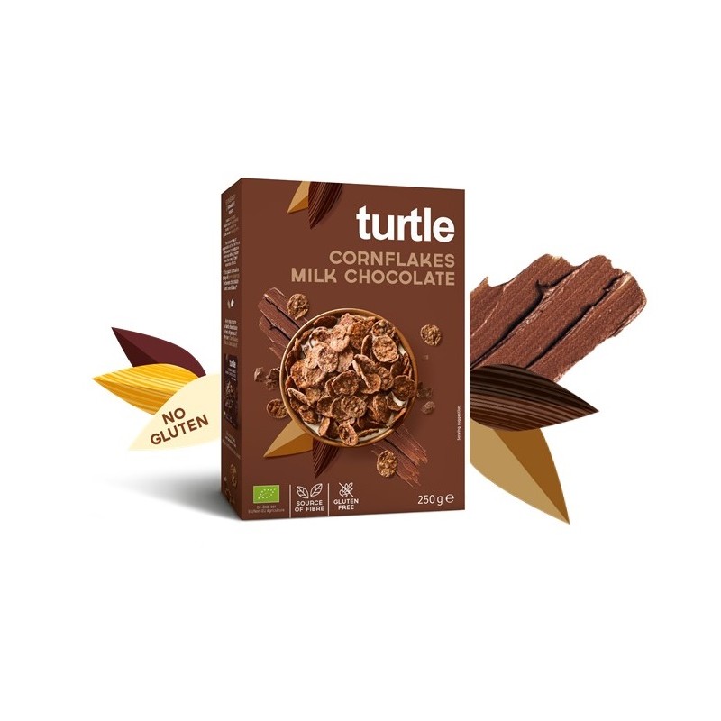 Fulgi Bio de porumb inveliti in ciocolata si lapte fara gluten, 250 g, Turtle