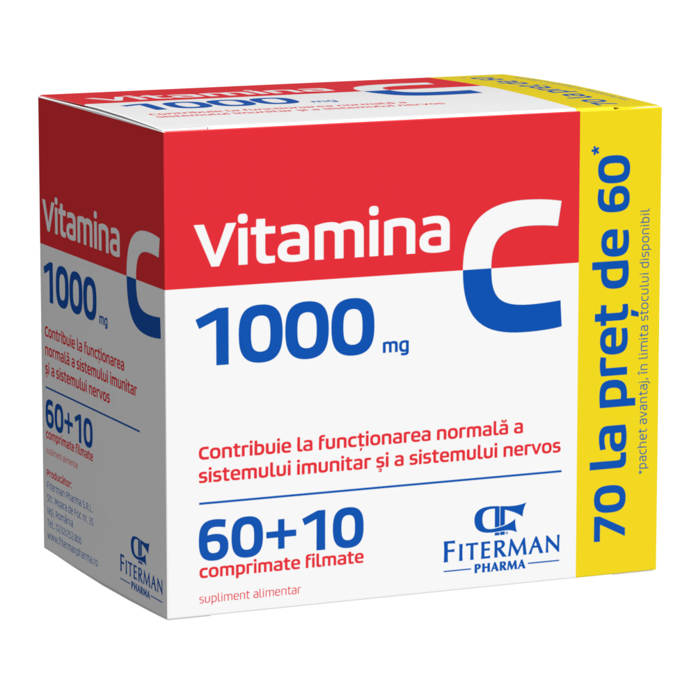Vitamina C, 1000 mg, 60 + 10 comprimate filmate, Fiterman