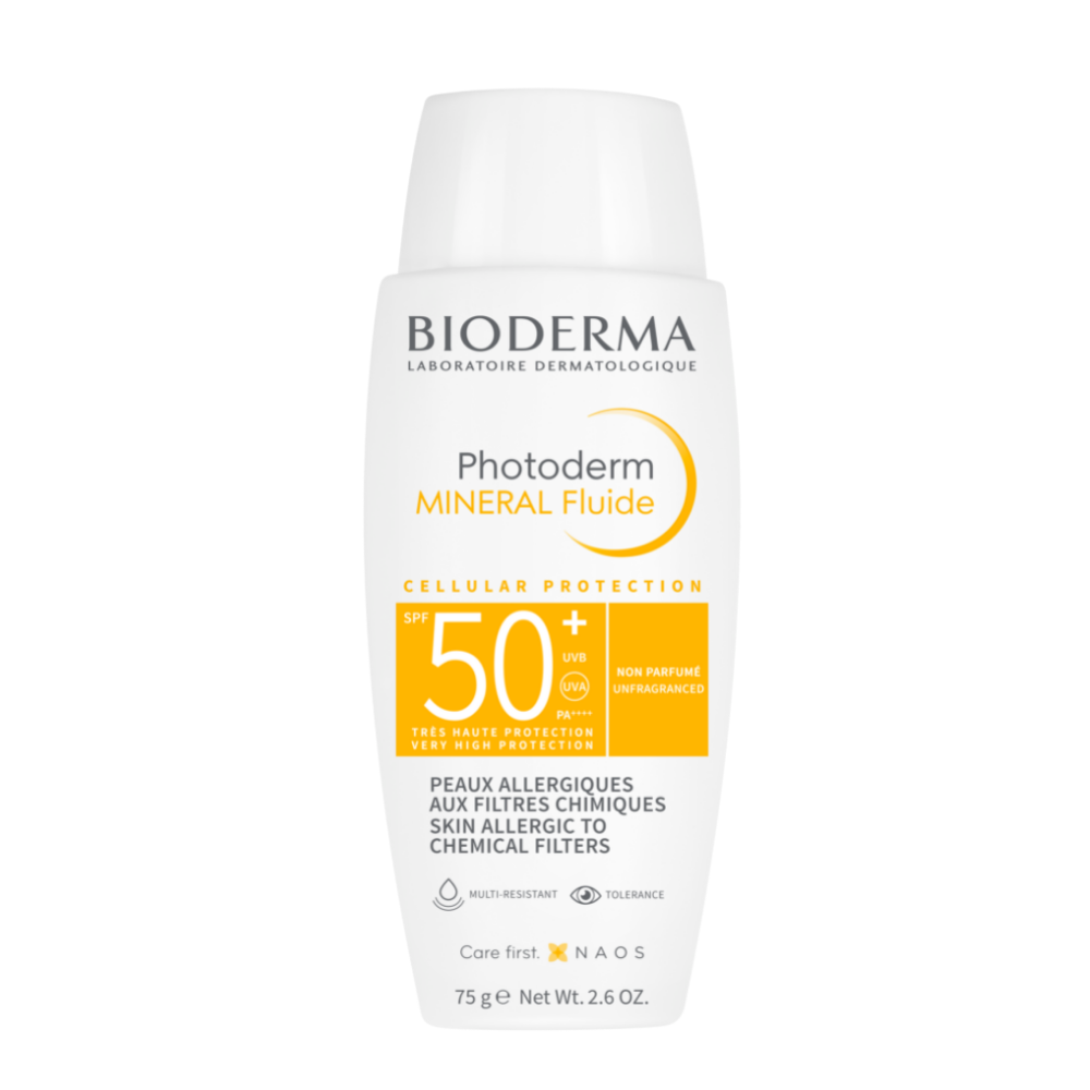 Protectie solara pentru pielea alergica la filtre chimice Photoderm Mineral Fluide, 75 g, Bioderma