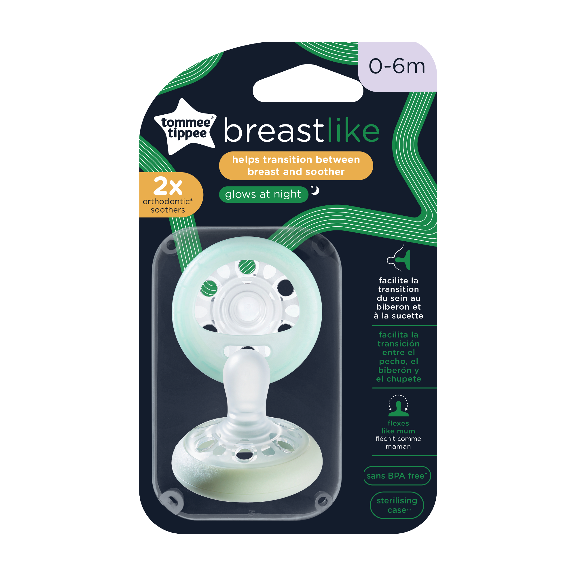Suzeta de noapte Closer to Nature Breast like Soother, 0-6 luni, 2 bucati, Alb/ Galben, Tommee Tippee