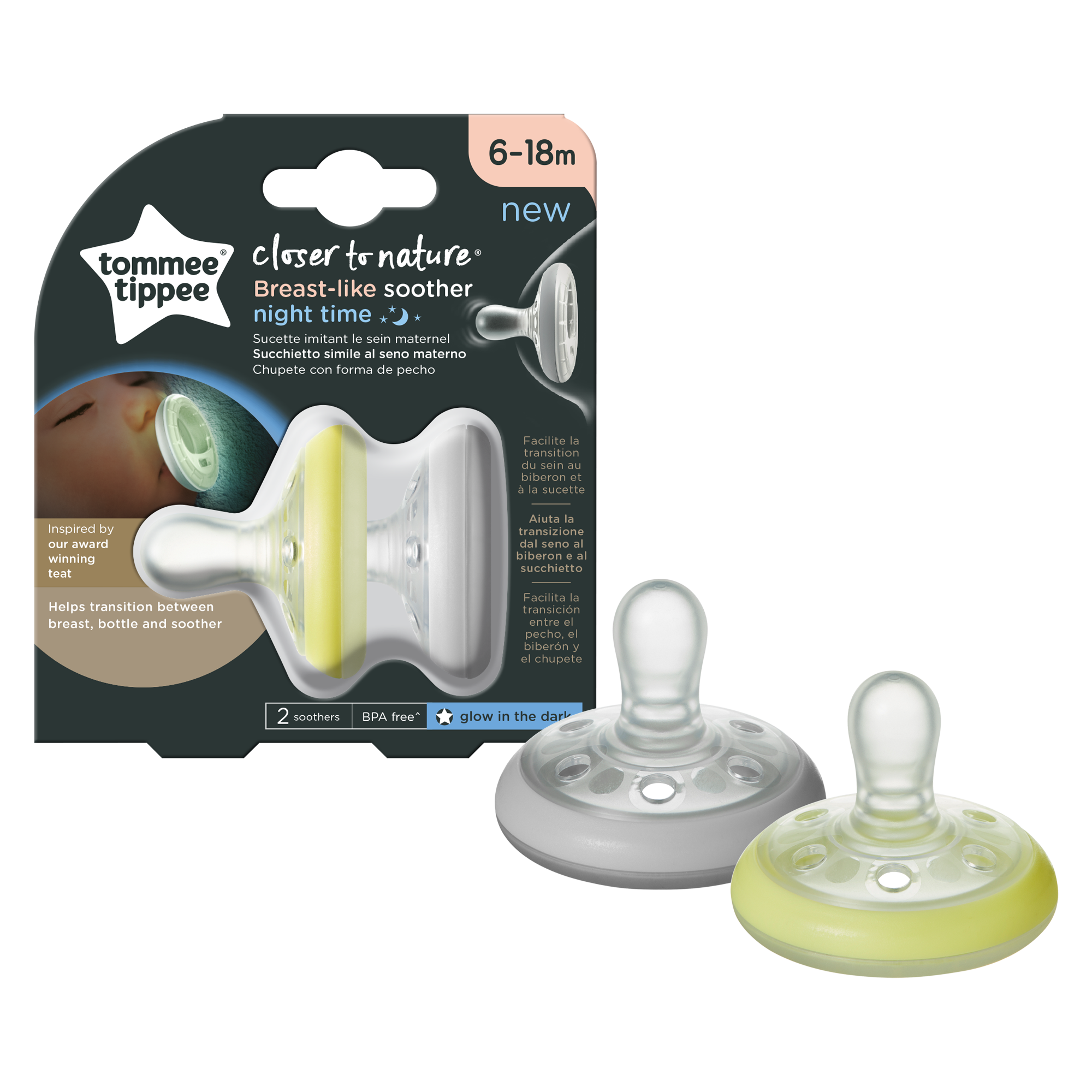 Suzeta de noapte Closer to Nature Breast like Soother, 6-18 luni, 2 bucati, Alb/Galben, Tommee Tippee