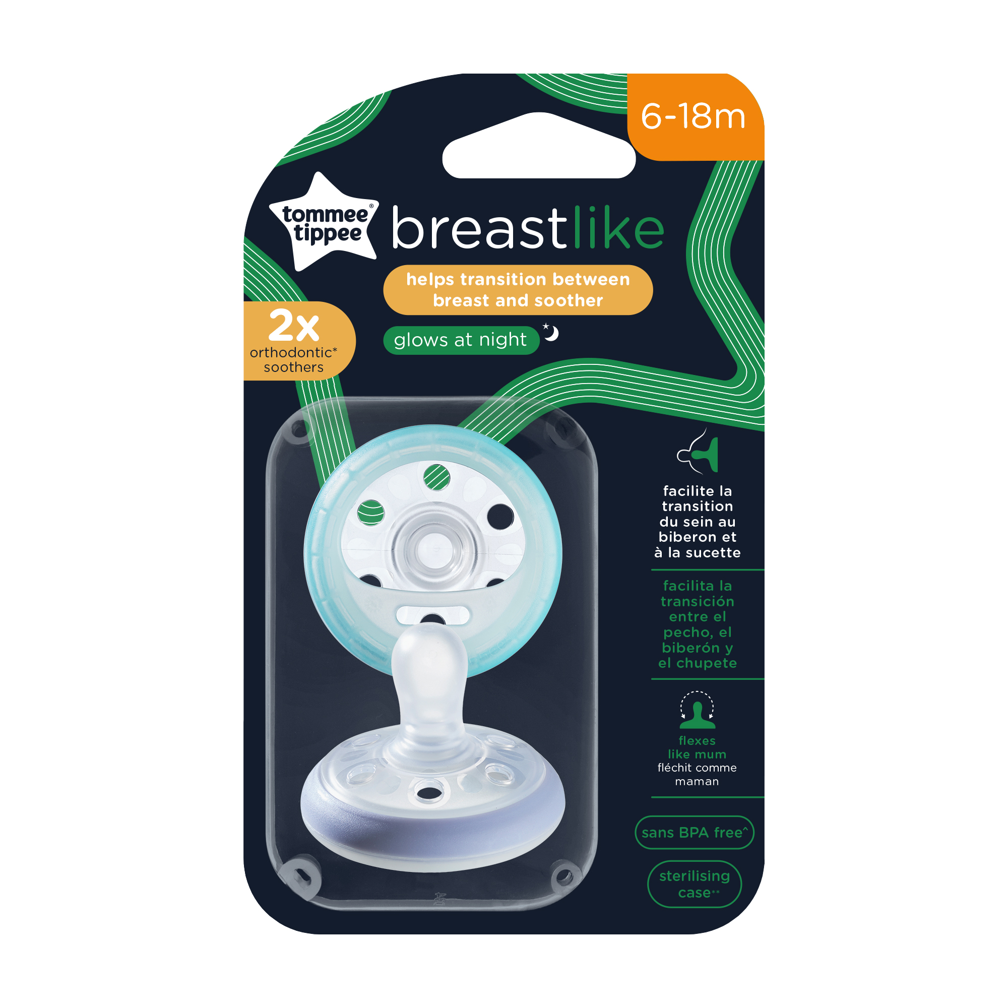 Suzeta de noapte Closer to Nature Breast like Soother, 6-18 luni, 2 bucati, Alb/Galben, Tommee Tippee