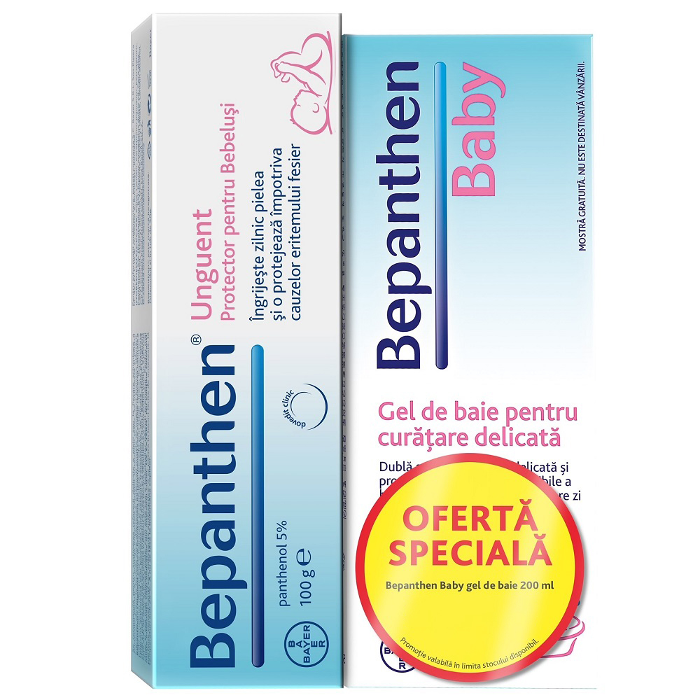 Pachet Bepanthen unguent protector pentru iritatii de scutec 100g si Gel de baie pentru curatare delicata 200 ml, Bayer