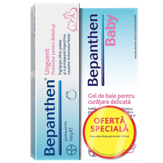 Pachet Bepanthen unguent protector pentru iritatii de scutec 100g si Gel de baie pentru curatare delicata 200 ml, Bayer