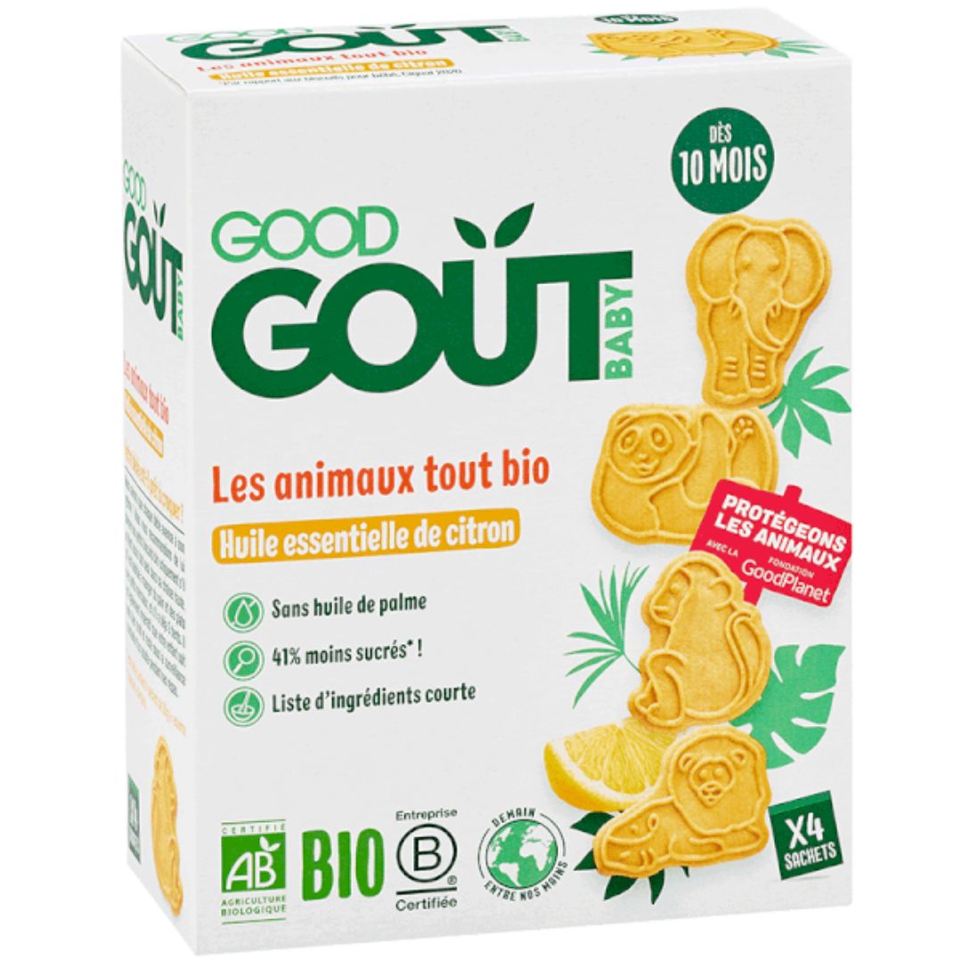 Biscuiti Bio animalute cu aroma de lamaie, +10 luni, 80 g, Good Gout