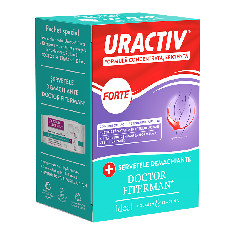 Pachet Uractiv Forte 10 capsule si Servetele demachiante Ideal 20 buc, Fiterman Pharma