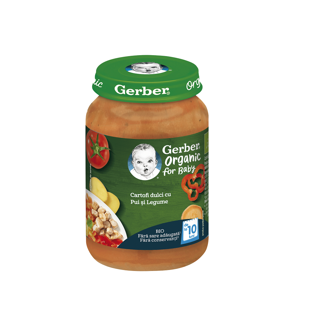 Piure bio din cartofi dulci, pui si legume, +10 luni, 190 g, Gerber 505498