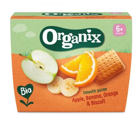 Eticheta Produs Gustare ecologica bio cu mere, banane, portocale si biscuiti, +6 luni, 400 gr, Organix