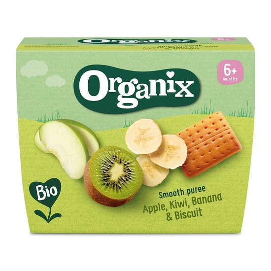 Piure ecologic bio cu mere, Kiwi, banane si biscuiti, +6 luni, 400 gr, Organix