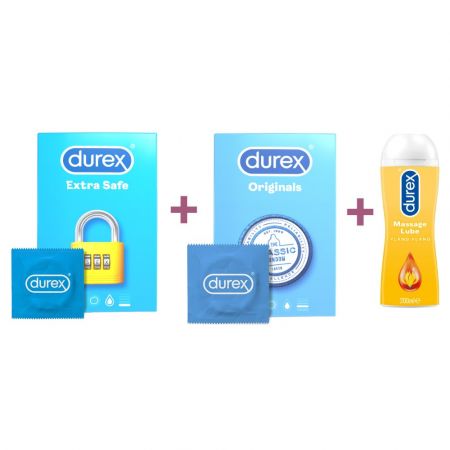 Pachet prezervative Extra Safe 18 buc + Prezervative Originals 18 buc si  Lubrifiant Massage 200 ml
