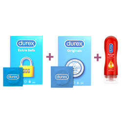 Pachet prezervative Extra Safe 18 buc + Prezervative Originals 18 buc si  Lubrifiant Massage 200 ml, Durex