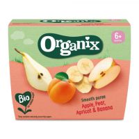 Duo Piure Bio din mere, pere, caise si banane, +6 luni, 400 g (4 x 100 g), Organix