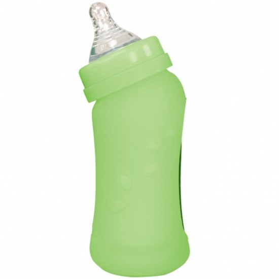 Biberon inclinat din sticla cu protectie de silicon, Verde, 210 ml, Green Sprouts