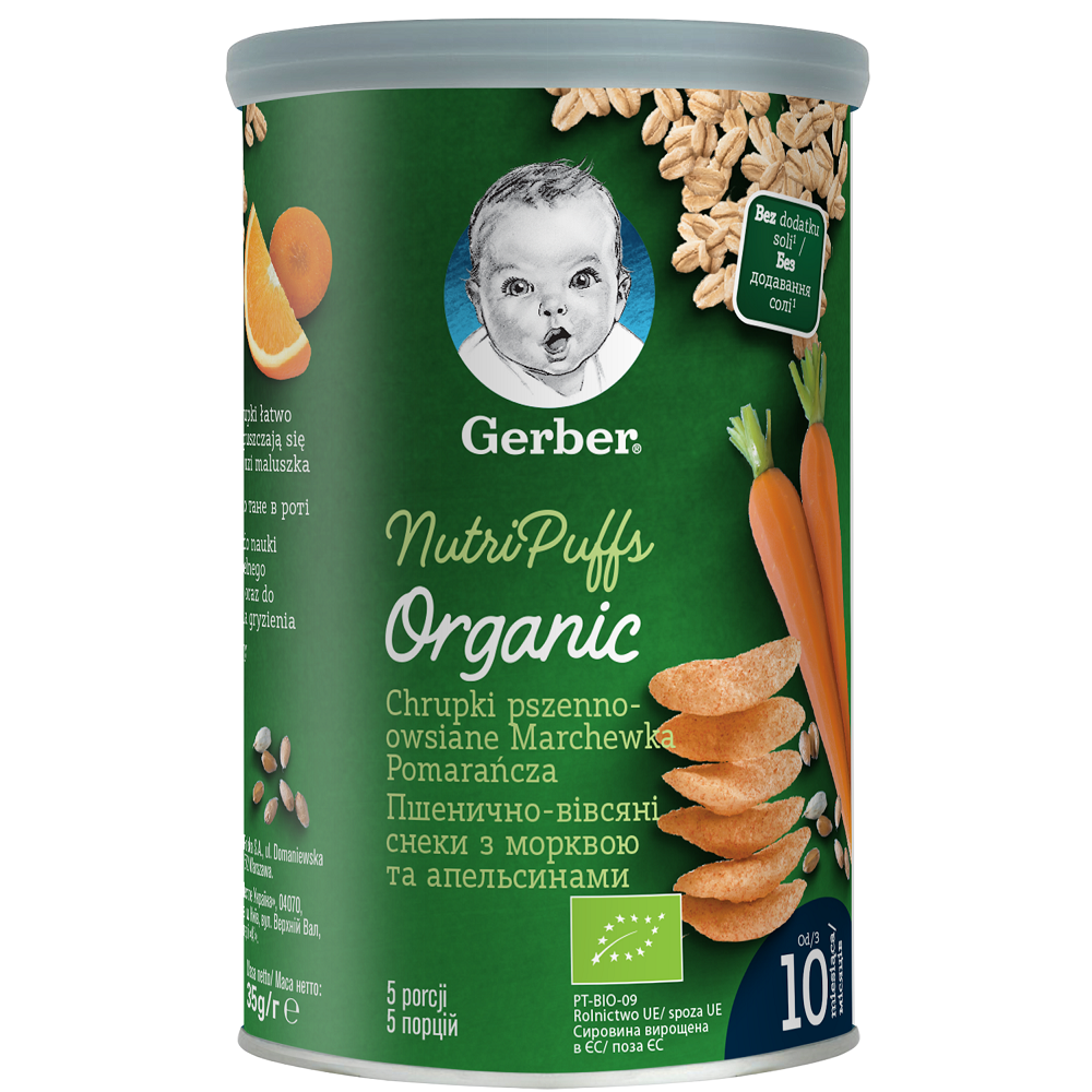 Gustare bio cu cereale, morcovi si portocale, +10 luni, 35 gr, Gerber