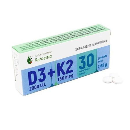 Vitamina D3 2000 UI + K2 75 mcg, 30 comprimate,