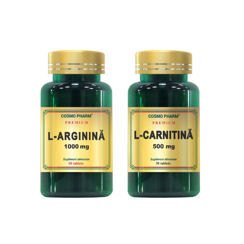 Pachet L-arginina 1000 mg, 60 tablete + L-Carnitina 500 mg, 30 tablete, Cosmopharm