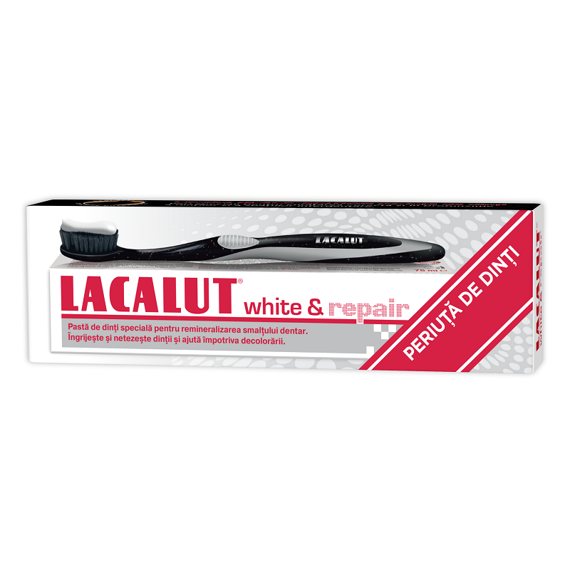 Pachet Pasta de dinti Lacalut White & Repair, 75 ml + Periuta de dinti Lacalut Black Edition, Theiss Naturwaren