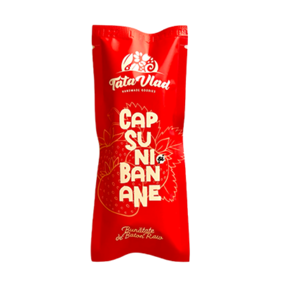 Baton raw vegan cu capsuni si banane, 45 g, Tata Vlad