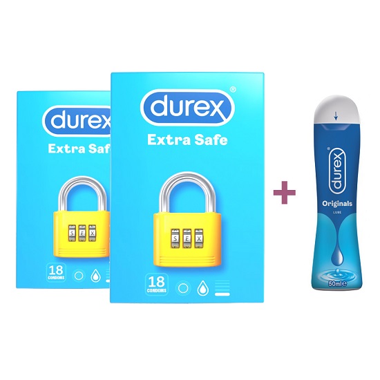Oferta Pachet, Prezervative Extra Safe 2x18 buc si Lubrifiant Originals, 50 ml, Durex