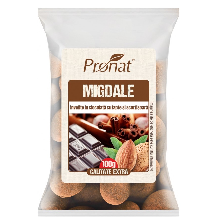 Migdale invelite in ciocolata cu lapte si scortisoara, 100 gr, Pronat