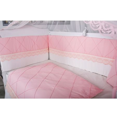 Set lenjerie pentru patut cu baldachin Squars, 11 piese, alb-roz, 120×60 cm