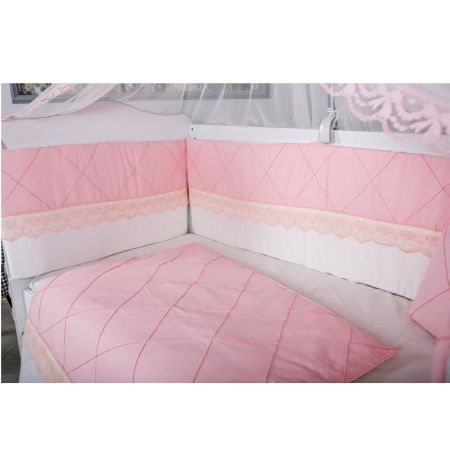 Set lenjerie pentru patut fara baldachin, 9 piese, alb-roz, 120×60 cm
