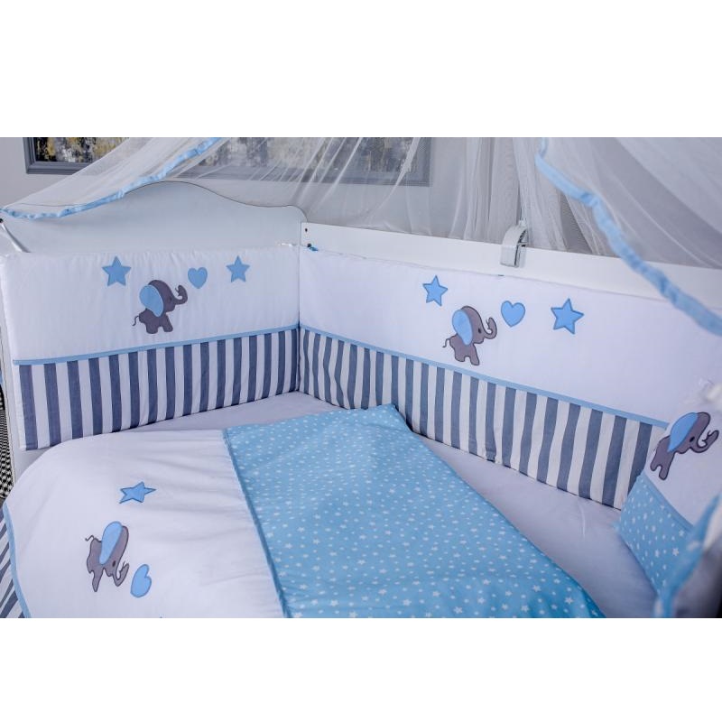 Set lenjerie patut pentru bebe120×60 cm Elephant, 9 piese, gri-albastru, MyKids