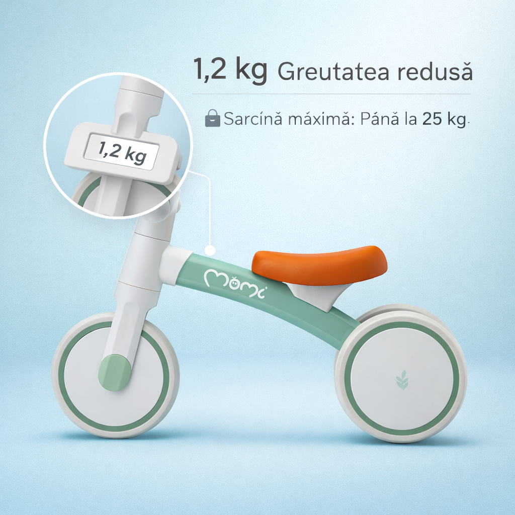 Detaliu bicicleta fara pedale Tedi verde Momi, usoara si stabila